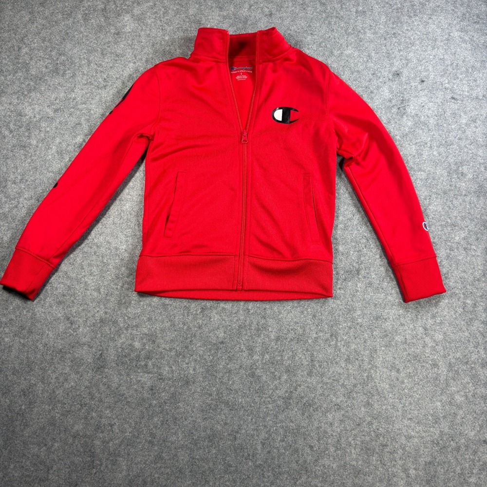 Champion Boys Small Red Full Zip Track Jacket Script Sleeve Big C Logo Size S‎